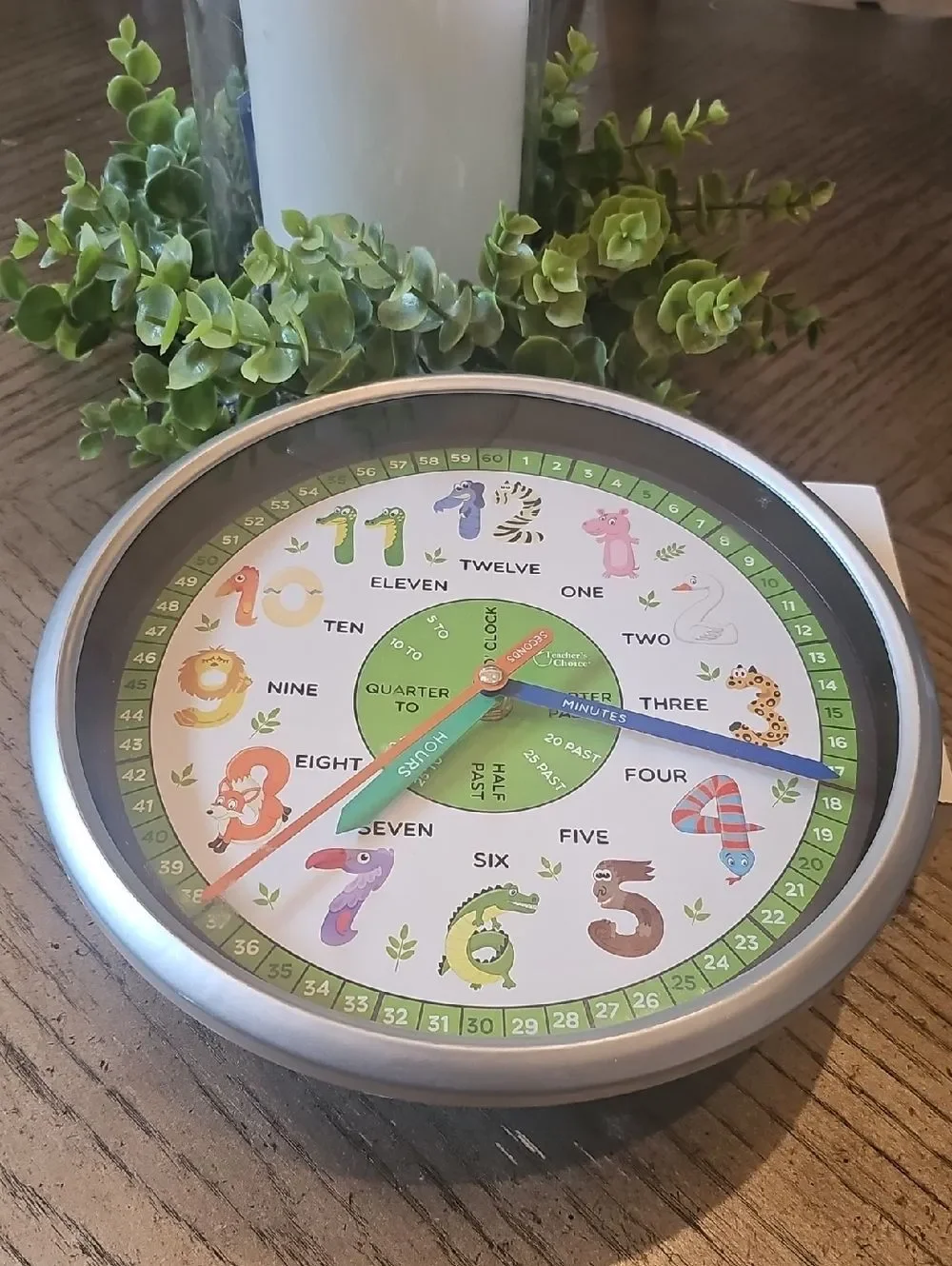 Kids Learning Wall Clock - Colorful Animal Numbers (Green, Blue, Orange)